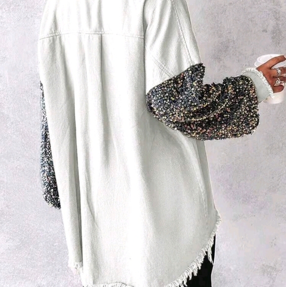 Spring & Fall Turn-Down Collar Contrast Sequin Raw Hem Button Front Jacket - Picture 2 of 5